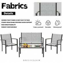 Juego de Muebles de Patio de 4 Piezas Gris 102.1x21.1x56.1 cm| Juego de Conversación al Aire Libre con 1 Sofá Doble 2 Sillas Individuales y Mesa de Centro de Vidrio| Estructura de Metal Negro con Tapizado Textilene| para Patio Jardín Césped y Piscina| Fácil de Armar - Gris - Ver 5