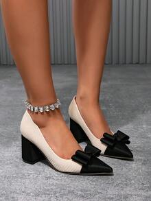 Women's Bow Chunky Heel Pointed Toe Low Vamp High Heel Pumps, Commuter Versatile Comfortable Elegant Shoes - Black and White - View 5