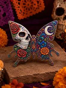 Day Of The Dead Vintage Painted Butterfly Brooch, Floral Moon Decorative Brooch, Creative Niche Accessory For Coats, Backpacks And Hats - A - View 8