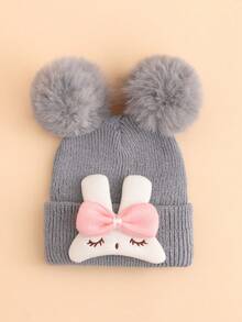 3PCS Baby Double Pom Pom Bow Rabbit Applique Folded Knit Hat, 3 Fashionable Minimalist Color Options, Cute Versatile Accessory For Baby Soft Adorable Look, Suitable As Gift - Multicolor - View 4