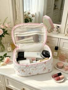 1pc Kawaii Quilted Cosmetics Bag Large Makeup Handbag Heart Pattern Beauty Pouch Portable Brushes Holder Pencil Case Lightweight Travel Toiletry Bags - Baby Pink - View 7