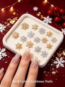 5pcs Gold & Silver Rhinestone Christmas Snowflake Nail Art Decorations, Assorted Zirconia Snowflake Nail Gems, Minimalist Versatile Y2K Metal Rhinestones, Multi-Functional DIY Nail Decor Accessories, False Nail Art Supplies - Multicolor - View 3