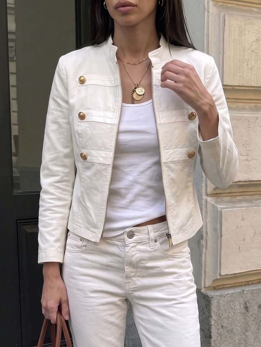 1件女款優雅純色立領拉鍊短夾克,修身顯瘦百搭輕便外套,適合通勤,奢華風格 - 米色 - 查看 1