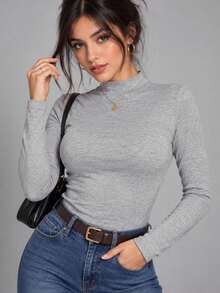 Camiseta de Capa Base de Cuello Semi-Alto para Mujer, Estilo Otoño-Invierno, Manga Larga Ajustada, Varias Opciones de Color - Gris - Ver 1