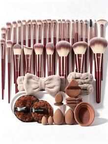 46 Pcs Total Beauty Supply Set, 30 Pcs Wine Red Makeup Brushes And 16 Pcs Makeup Accessories. Smooth Bristles Blend Foundation Seamlessly, Complete Kit Works Great For Beginners And Holiday Gifting - Multicolor - View 12