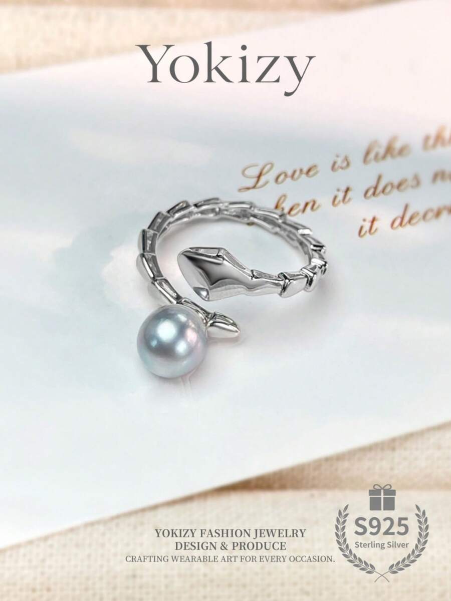 Yokizy Cincin Mutiara Akoya Perak S925 7-8mm Bulat Kilau Kuat Desain Terbuka Ular Cincin Mewah Wanita
