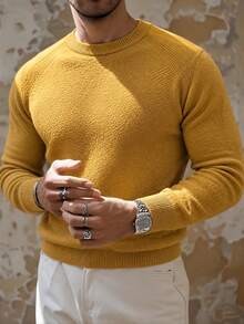 Men's Solid Color Raglan Knit Sweater, Minimalist Textured Crew Neck Long Sleeve Slightly Loose Fit Pullover Base Layer Top For Autumn/Winter - Yellow - View 3