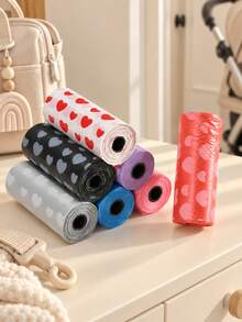 5 Rolls = 75pcs Baby Travel Portable Car Trash Bags, Heart Print Disposable Garbage Bags For Outdoor Use, Pet Waste Bags For Cats And Dogs - View 2