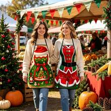2Pcs Red Green Christmas Dress Pattern Halter Apron For Couple Family Gathering Kitchen Photo Decor - Multicolor - View 4