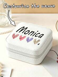 Personalized Custom Name Jewelry Box, Heart Embroidery Portable Travel Jewellery Storage Case, Mini Ring Earring Necklace Organizer, Christmas Birthday Gift For Women - Multicolor - View 3