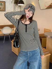 Striped Button Long Sleeve T-Shirt Women Early Autumn 2026 New Slim Fit Flattering Base Layer Top - Apricot Black Stripes - View 4