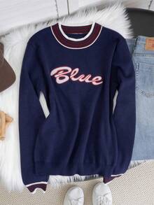Autumn/Winter Royal Blue Women's Sweater, Colorblock Crew Neck Long Sleeve Letter Print Design, Y2K Street Casual Style, Suitable For Back To School, Music Festivals - Royal Blue - View 5
