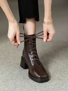 Women's Faux Leather Lace-Up Ankle Boots, Round Toe Chunky Heel Workwear Fashion Ankle Boots - Brown - View 5
