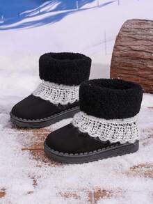 1 Pair Winter Girls Ankle Boots, Plush Lace Soft Sole Children's Shoes - Black - View 2