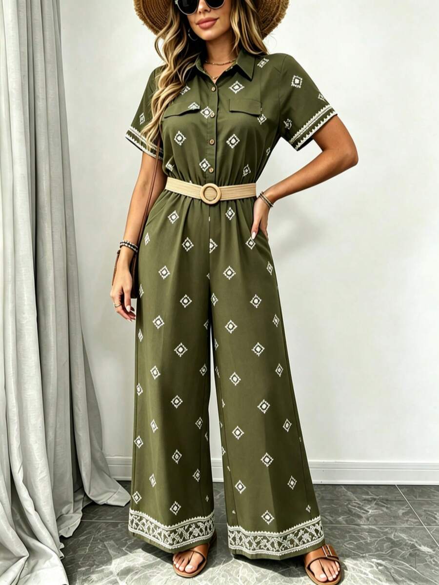 Mono largo de cuello halter con lazo en el cuello y espalda descubierta, cintura elástica y pierna ancha, estampado de motivos ornamentales estilo bohemio para vacaciones - Verde militar - Ver 1