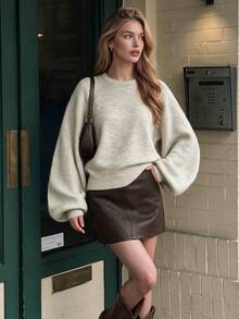 Women's Autumn Round Neck Knit Sweater, Petal Sleeve Oatmeal Color Loose Pullover Knit Top, Fashionable Daily Vacation Outfit Autumn Clothing - Apricot - View 7