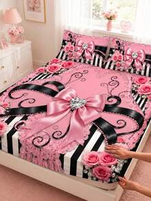 3pcs Pink & Black Bow Bed Sheet Set, Rose Lace Heart Rhinestone Print (1 Bed Sheet + 2 Pillowcases, Pillow Inserts Not Included), Comfortable & Breathable, Multiple Sizes Available, Suitable For Master Bedroom, Guest Room, Etc. - Multicolor - View 1