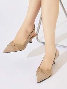 Women's Knot Decor Adjustable Buckle Back Strap Pointed Toe Kitten Heel Low Heel Elegant Nude Beige Mirror Velvet High Heel Pumps For Office Daily Date Spring Summer Autumn Winter - Apricot - View 4
