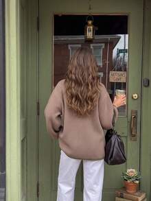 Senya 2026 Women's Ribbed Knit Cardigan, Grey-Brown Lapel Button Sweater, Loose Oversized Long Sleeve Contrast Trim Casual Autumn/Winter Top - Camel - View 11