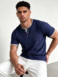 ZYNTH BALENO Men's Summer Fashion 2 In 1 Fitted Regular Shoulder Henley Neck Short Sleeve T-Shirt, Essential For Summer Sports - Navy Blue - View 1