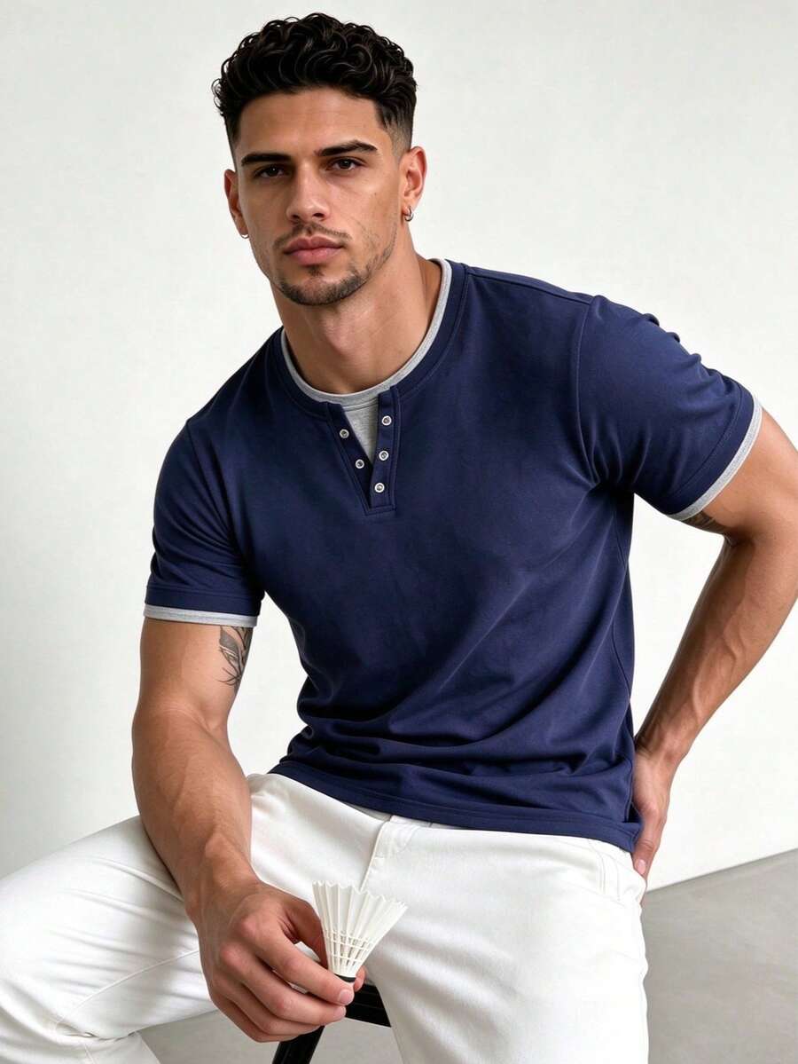 ZYNTH BALENO Men's Summer Fashion 2 In 1 Fitted Regular Shoulder Henley Neck Short Sleeve T-Shirt, Essential For Summer Sports - Navy Blue - View 1
