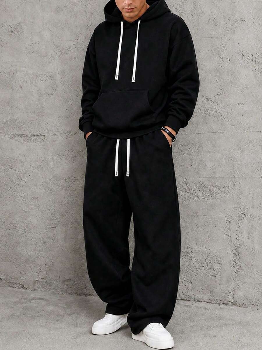 HEYKESON Setelan Olahraga Pria 2 Potong: Hoodie Longgar dan Celana Panjang Lebar dengan Tali Serut, Pakaian Kasual - Hitam - View 1