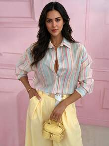 Colorful Striped Loose Fit Shirt, Fashion Casual Street Date Afternoon Tea Commute Long Sleeve Women's Blouse, Dopamine Style Autumn/Winter - Multicolor - View 3