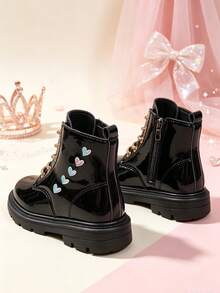 1 Pasang Sepatu Bot Pendek Anak Perempuan Motif Hati Mengkilap, Ujung Bulat, Sol Lembut, Desain Resleting Dalam untuk Menambah Tinggi Badan, Sepatu Bot Putri yang Modis dan Imut, Cocok untuk Pemakaian Sehari-hari, Liburan, Sekolah, Gaya Baru Musim Gugur/Dingin - Hitam - View 6