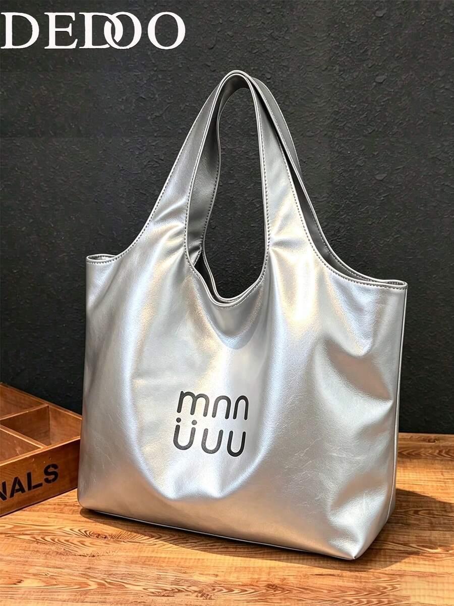 Dedoo 女款大容量單肩托特包,字母印花金屬感皮革,適合年輕女性日常通勤、購物、休閒手提包,四季通用,大容量,校園書包,大學校園 - 銀色 - 查看 1