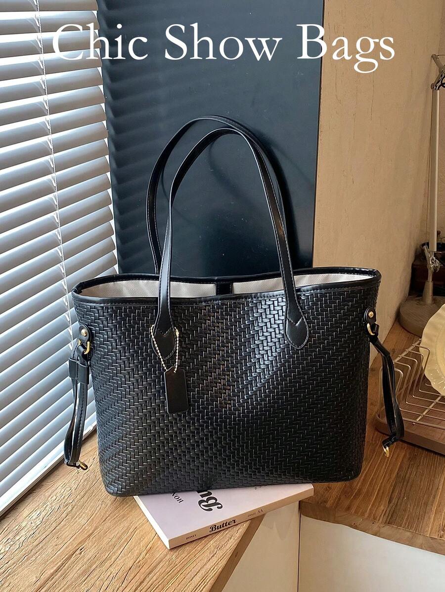 女款托特手提包,編織紋理圖案,人造皮革,可拆卸側肩帶與皮革吊牌,大容量,復古優雅風格,適合工作與日常通勤 - 黑色 - 查看 1