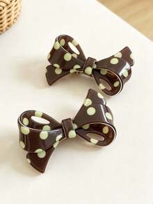2pcs Women's Korean Style Maillard Polka Dot Bow Hair Clips, Minimalist Contrast Color Polka Dot Straight Clips, Versatile Bangs Hair Accessories For Daily Commute And Young Girls - Multicolor - View 5