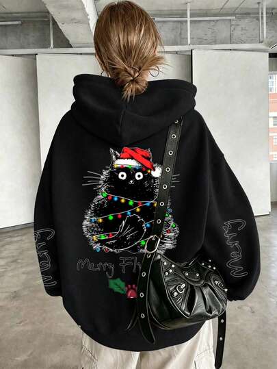 Christmas Black Cat Letter Print Sweatshirt, Plus Size Women's Casual Autumn/Winter Long Sleeve Pocket Hooded Sweatshirt, Suitable For Winter Holiday, Beach, Vacation, Christmas. Suitable For Daily Wear, Going Out, Outings, Festivals, Parties, Birthdays, Gatherings, School, Music Festivals, Vacations, Commuting, Fitness, Weddings, Fashionable