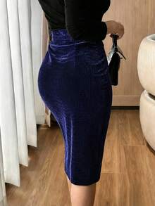 女款優雅天鵝絨壓花包臀裙，附內裡，高腰開衩配金屬扣，適合日常穿著、約會與派對，秋季，聚酯纖維 - 藏蓝色 - 查看 2