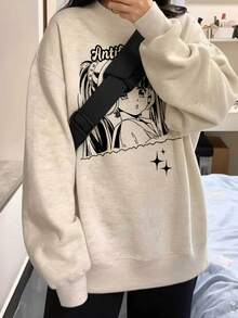 Korean Style Retro Anime Character Pattern Crew Neck Sweatshirt, Minimalist Black & White Line Design, Student Versatile Oversize Autumn Sweatshirt - Off-white - View 5