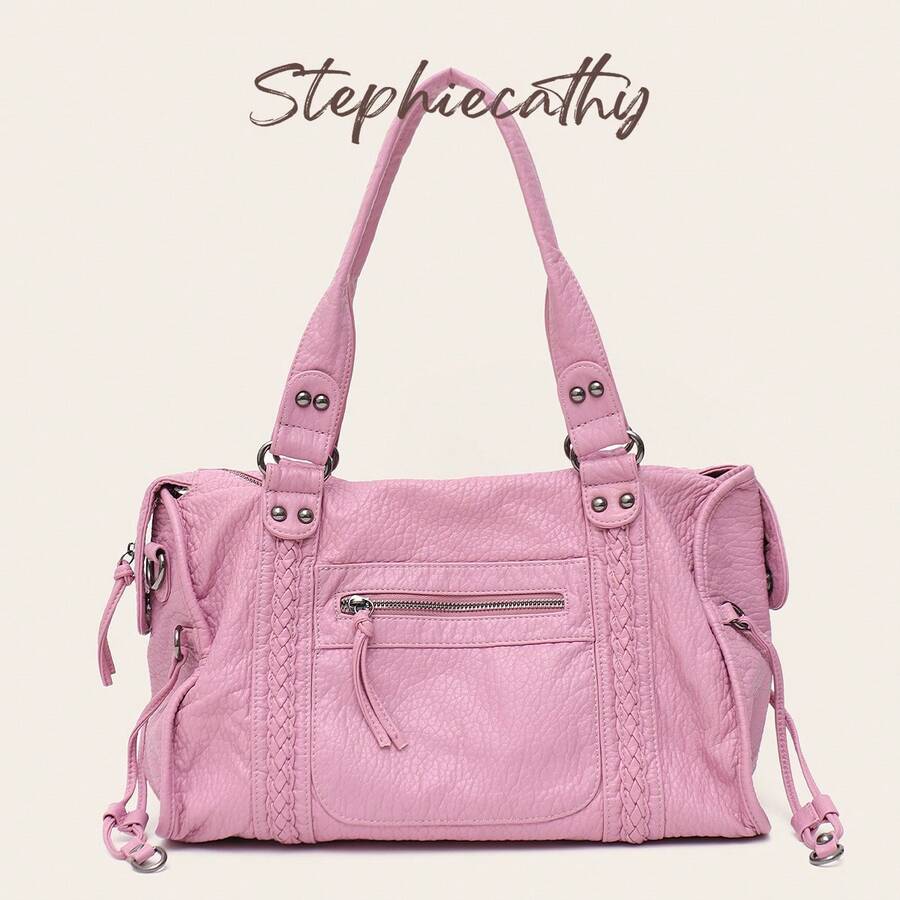 STEPHIECATHY Women's Fashionable Casual Cool Street Style Soft Brush Off Washed PU Vegan Leather Zipper Closure Zip Pockets Braid Decor Large Capacity Fits 13' Lap - Sugar Pink - View 1