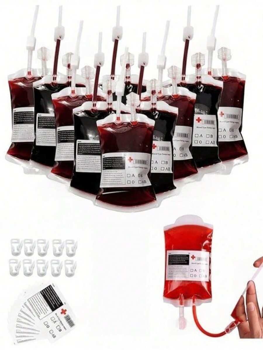 10 Reusable Blood Bags, Suitable For Halloween Party Decoration, Theme Party, Vampire, Zombie, Graduation Party Props And Photo Props - A - View 1
