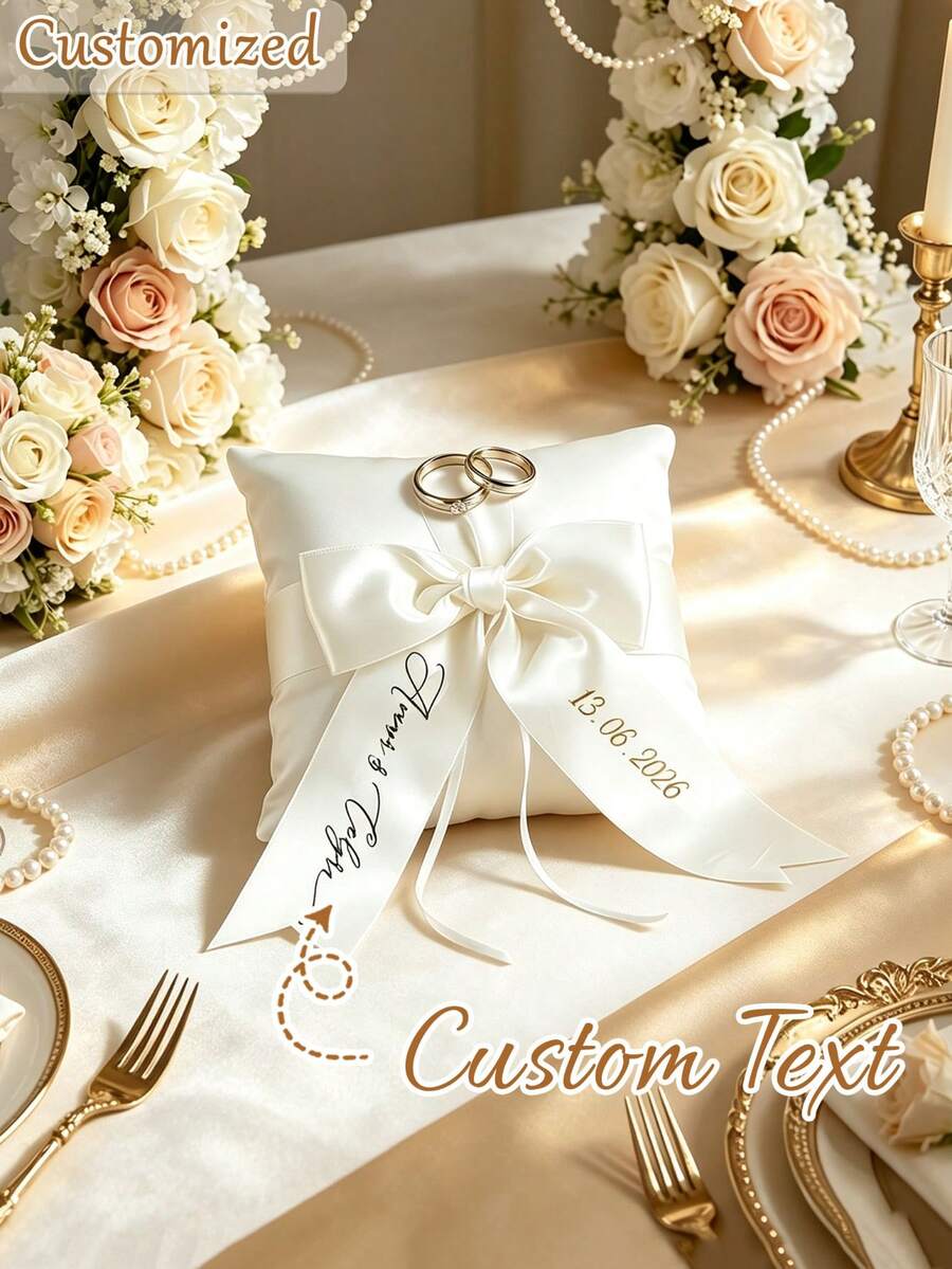 Almohada personalizada con nombre & fecha para portador de anillos de boda de encaje, cojín romántico para anillo de compromiso nupcial, decoración de ceremonia de boda & regalo de recuerdo - Multicolor - Ver 1