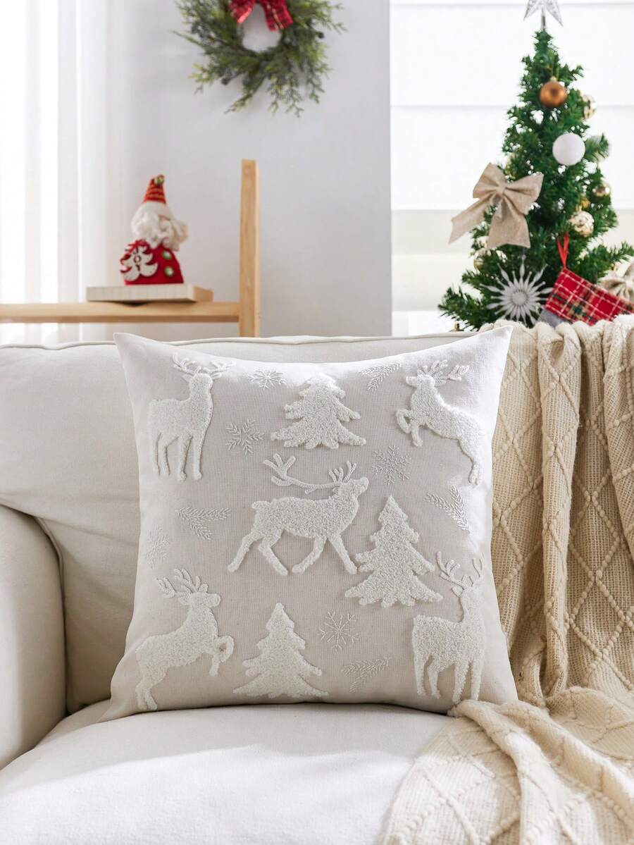 1pc Christmas Tree Embroidered Pillow Case, Christmas Reindeer Pillow Case, Suitable For Indoor Decoration, Christmas Decoration, All-Season Pillow Case, Without Insert