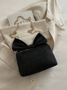 1pc Black Bowknot Decor Solid Color Nylon Small Square Handbag For Women, Can Be Carried As Shoulder Bag Or Crossbody - Black - View 5