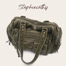 STEPHIECATHY 纯色水洗柔软PU仿皮，拉链闭合，多口袋设计，双短肩带，可调节腰带，男女通用，复古休闲实用，适合大学生日常通勤 - 橄欖綠 - 查看 2