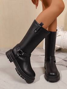 2026 Women's Boots Fashion Versatile Round Toe Thick Sole High-Top Mid-Calf Boots With Buckle And Pleated Design - Black - View 4