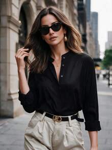 Women Half Button Down Shirt Loose Comfortable Blouse Long Sleeve Stand Collar Apparel For Fall Winter Daily Commuting Going Out Dating - Black - View 3