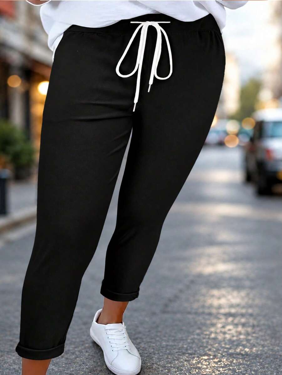 New Arrival Fashion Plus Size Women's Casual Long Pants With Drawstring, Versatile For All Seasons Black - Black - View 1