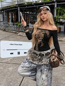 Autumn Street Wear Y2k Off The Shoulder Tops For Women Long Sleeve Baggy Shirt For Everyday Outfits Animal Print T-Shirt For Concert Outfits - Black - View 3