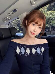 Women's Cold Shoulder Argyle Jacquard Knit Sweater, Royal Blue, Sexy Style, Button-Front, Slit Waist, Slim Fit, Long Sleeve Top - Royal Blue - View 1