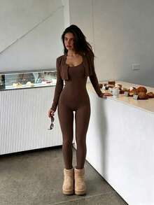 Sexy Hot Girl Style Halter Tie-Up Fitted Solid Color Long Jumpsuit & Cardigan Jacket Long Sleeve Set - Brown - View 2