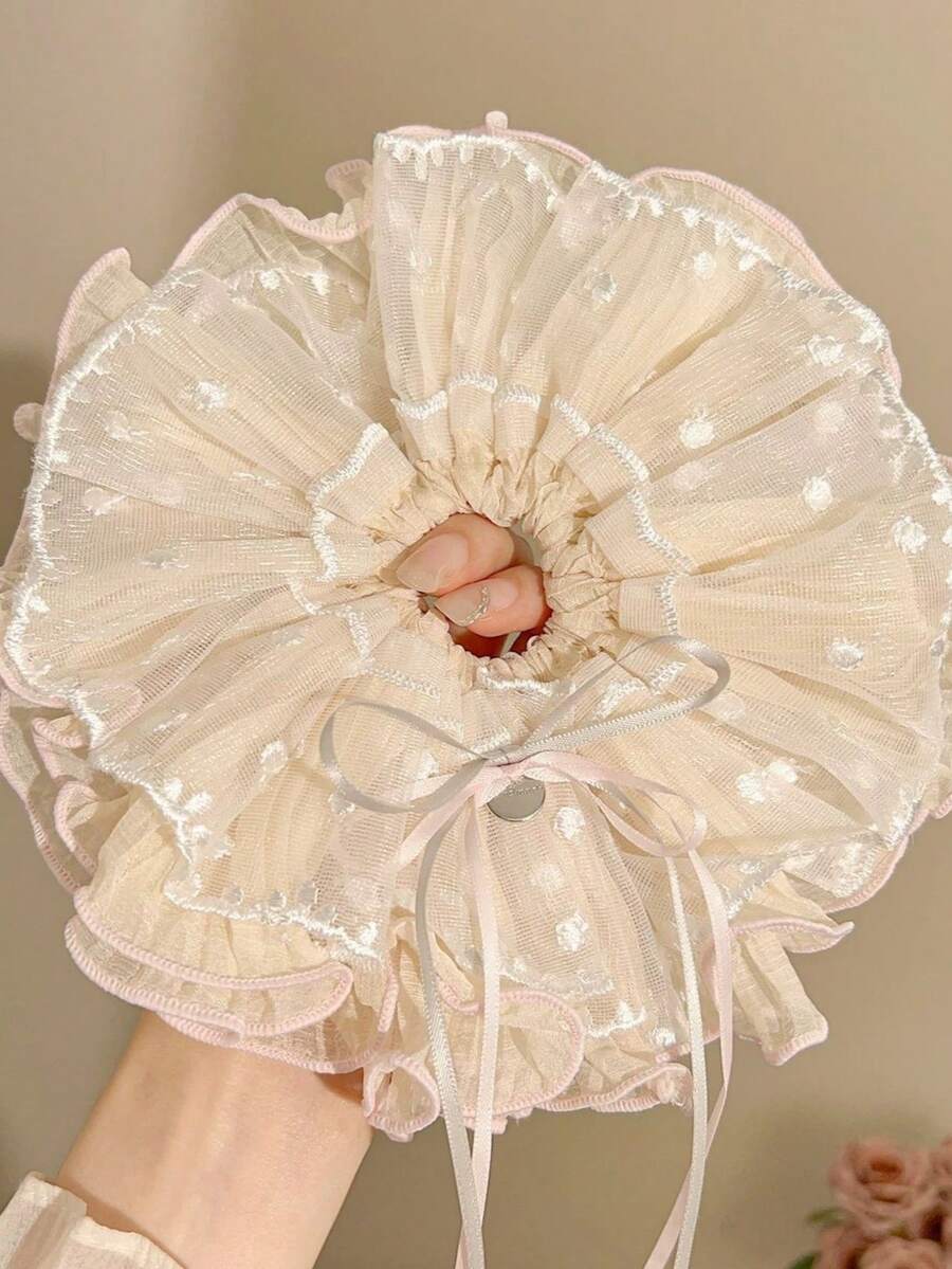 1pc Sweet Polka Dot Lace Ruffle Hair Scrunchie, Korean Style Oversized Mesh Hair Tie, Luxury Fashion Hair Rope For Women - Multicolor - View 1