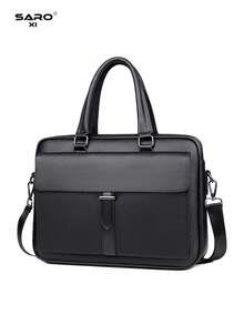 saroxi Men's Briefcase, Classic Laptop Bag, Large Capacity For Documents And Office Supplies, Business Commute, Suitable For Work, PU Leather, Minimalist Style, Litchi Texture, Solid Color, Gift For Husband, Autumn Essential - Black - View 6