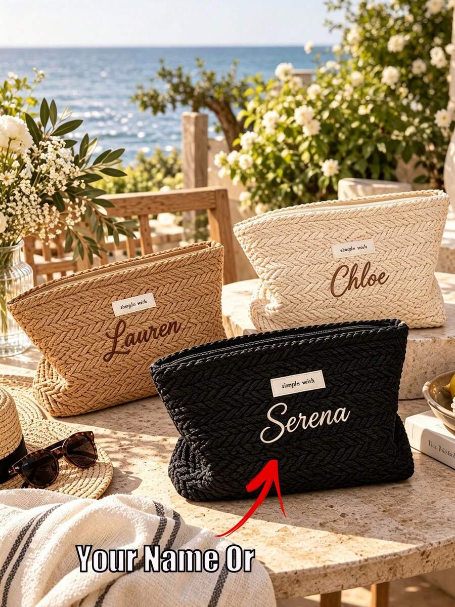 1pc Custom Knitted Jewelry Storage Bag, Embroidered Name Cosmetic Bag, Wheat Ear Pattern Washbag, Bridesmaid Gift - Multicolor - View 1