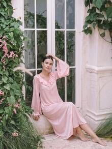 1pc Women's Pink French Style Ruffle Drawstring Bell Sleeve Long Nightgown, Loungewear Dress, Can Be Worn Outdoors, Long Dress - Pink - View 3